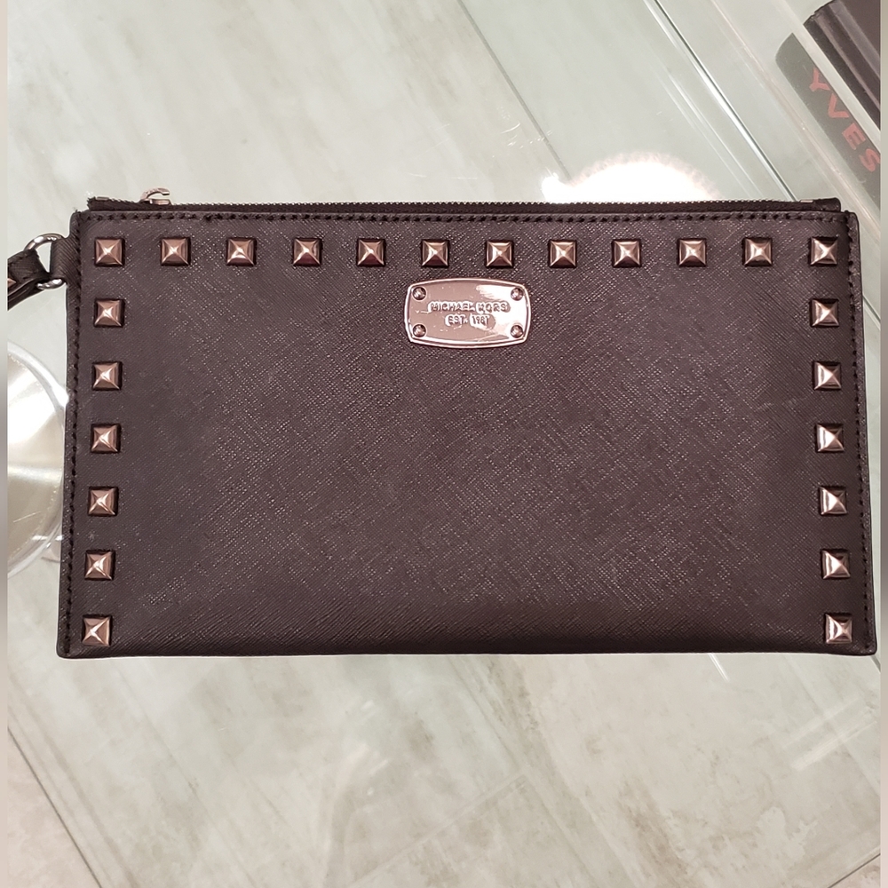 EUC - Michael Kors gunmetal studded jet set black clutch/wristlet